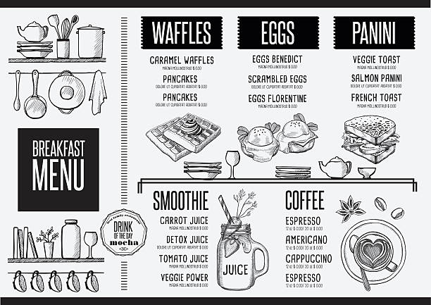 Menu breakfast restaurant, food template placemat. Breakfast menu placemat food restaurant brochure, template design. Vintage creative dinner flyer with hand-drawn graphic. smoothie drawings stock illustrations