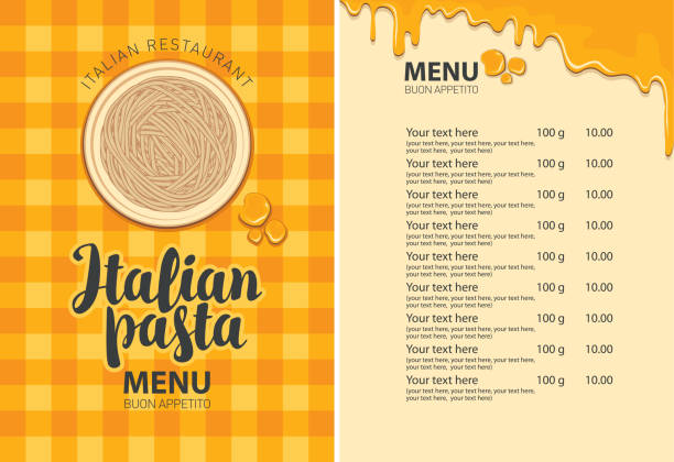 menu for italian restaurant with pasta on a plate Vector menu with pasta on a plate, price list and calligraphic inscription on the background of checkered tablecloth in retro style. Pasta menu for Italian restaurant cheese backgrounds stock illustrations