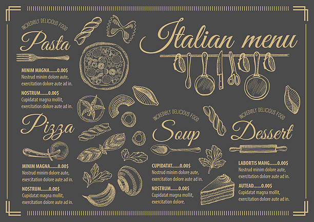 illustrazioni stock, clip art, cartoni animati e icone di tendenza di menu ristorante italiano, omatta modello di cibo. - tovaglietta