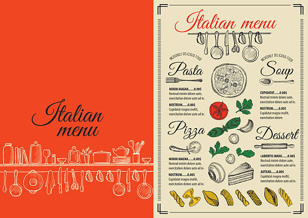 illustrazioni stock, clip art, cartoni animati e icone di tendenza di menu ristorante italiano, omatta modello di cibo. - tovaglietta