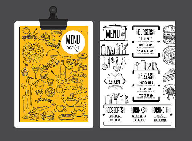 illustrazioni stock, clip art, cartoni animati e icone di tendenza di menu ristorante, omatta modello di cibo. - tovaglietta