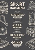 Sport bar menu placemat food restaurant brochure, template design. Vintage creative dinner flyer with hand-drawn graphic.
