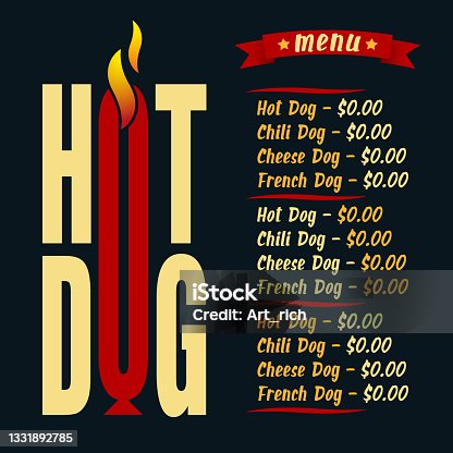 istock Menu template for different types of Hot Dog. Street food concept 1331892785