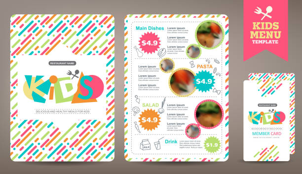 menu Cute colorful kids meal menu vector template brochure borders stock illustrations