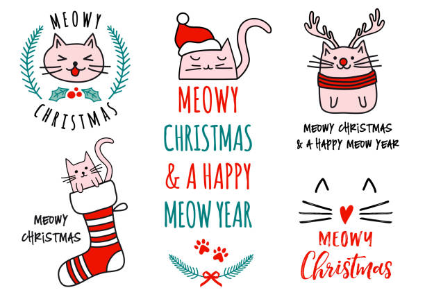stockillustraties, clipart, cartoons en iconen met meowy kerstmis met schattige katten, vector set - christmas cat