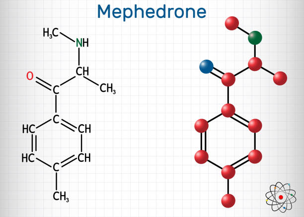 Mephedrone, 4-methyl methcathinone, 4-MMC, 4-methyl ephedrone, C11H15NO molecule. It is synthetic stimulant, entactogen drug of the amphetamine and cathinone classes. Sheet of paper in a cage Mephedrone, 4-methyl methcathinone, 4-MMC, 4-methyl ephedrone, C11H15NO molecule. It is synthetic stimulant, entactogen drug of the amphetamine and cathinone classes. Sheet of paper in a cage. Vector illustration mephedrone stock illustrations