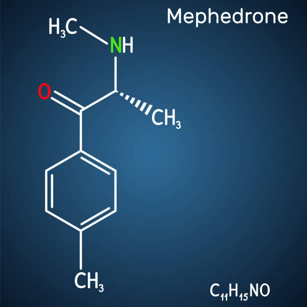 Mephedrone, 4-methyl methcathinone, 4-MMC, 4-methyl ephedrone, C11H15NO molecule. It is synthetic stimulant, entactogen drug of the amphetamine and cathinone classes. Structural chemical formula on the dark blue background Mephedrone, 4-methyl methcathinone, 4-MMC, 4-methyl ephedrone, C11H15NO molecule. It is synthetic stimulant, entactogen drug of the amphetamine and cathinone classes. Structural chemical formula on the dark blue background. Vector illustration mephedrone stock illustrations