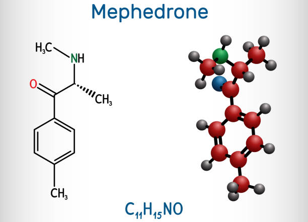 Mephedrone, 4-methyl methcathinone, 4-MMC, 4-methyl ephedrone, C11H15NO molecule. It is synthetic stimulant, entactogen drug of the amphetamine and cathinone classes. Structural chemical formula and molecule model Mephedrone, 4-methyl methcathinone, 4-MMC, 4-methyl ephedrone, C11H15NO molecule. It is synthetic stimulant, entactogen drug of the amphetamine and cathinone classes. Structural chemical formula and molecule model. Vector illustration mephedrone stock illustrations