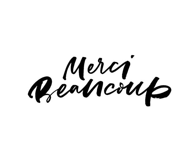 Merci beaucoup ink brush vector calligraphy Merci beaucoup ink brush vector calligraphy. Foreign language, thank you saying. Good manners poster decorative inscription. Gratitude expression, appreciation. French thanks handwritten lettering thank you phrase stock illustrations