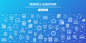 Mergers, acquisitions and divestitures outline style web banner design. Line vector icons for infographics, mobile and web designs.