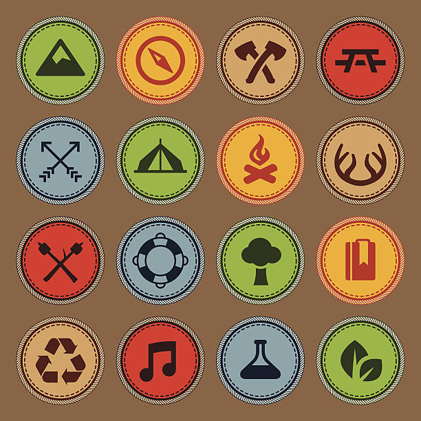 Merit badges Set of merit achievement badges for outdoor activities. scout camp stock illustrations
