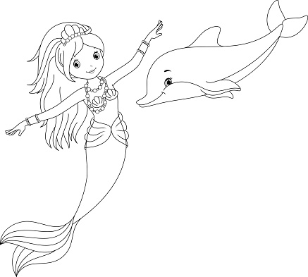 Mermaid And Dolphin Coloring Page Stock Illustration - Download Image
