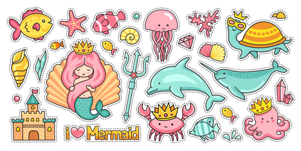 Mermaid, castle, dolphin, narwhal, octopus, crab, fish, jellyfish, turtle. Set of funny sea animals. Stickers, patches, badges, pins. Vector illustration. nn girls stock illustrations