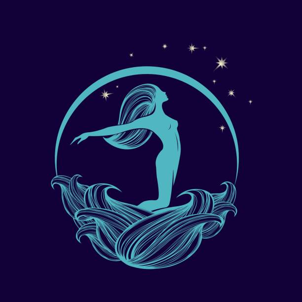 Mermaid logo.Long wavy hair and waves.Beautiful female character icon.Elegant style. Dream illustration with woman,water, stars and moon elements.Dark blue background. goddess stock illustrations