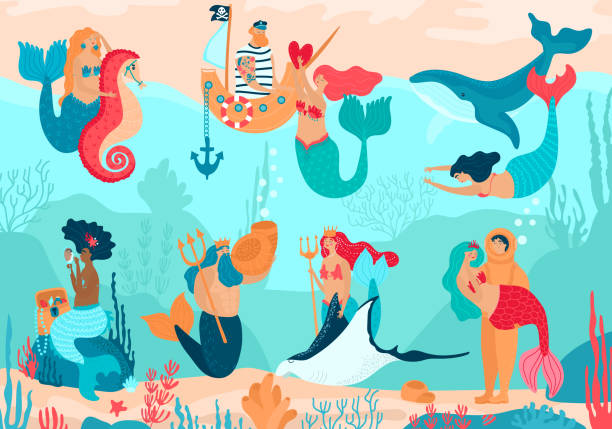 Mermaid vector cartoon beautiful girl princess and merman living underwater in ocean with sea animals whale and seahorse. Illustration set of fantasy pretty woman with tail on seaboard loving a sailor Mermaid vector cartoon beautiful girl princess and merman living underwater in ocean with sea animals whale and seahorse. Illustration set of fantasy pretty woman with tail on seaboard loving a sailor. merman stock illustrations