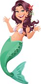 Vector illustration of a cute cheerful mermaid with long dark hair and a green tail looking at the camera isolated on white.