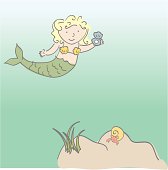 child-like mermaid with friendly crab