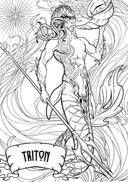 Merman sketch isolated on white background Merman or triton mythological ocean creature armed with trident and horn on a decorative seaweed background. Hand drawn artwork. Coloring book page. EPS10 vector illustration. merman stock illustrations