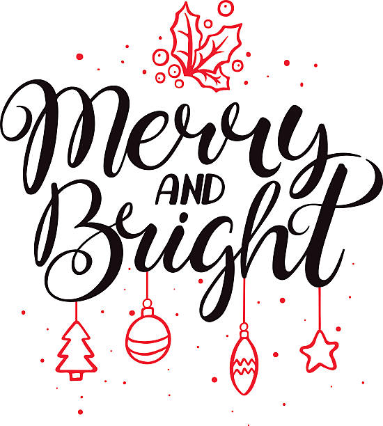 Merry and bright Merry and bright. Christmas calligraphy. Hand drawn Christmas vector lettering bright stock illustrations