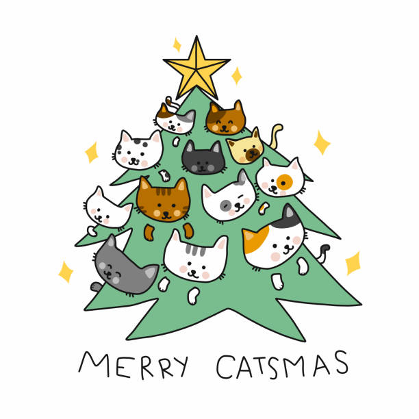stockillustraties, clipart, cartoons en iconen met merry catmas boom cartoon doodle stijl vectorillustratie - christmas cat