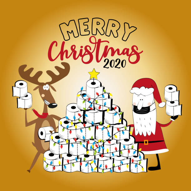 с рождеством 2020 -забавные олени и дед мороз в лице и туалетной бумаги елку. - at home covid test stock illustrations