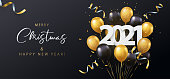 Merry Christmas and Happy New Year 2021. Vector illustration of paper cut 2021 with sparkling confetti, tinsel, gold and black 3d realistic flying balloons. Design for seasonal holidays flyers, greetings and invitations