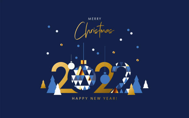 Merry Christmas and Happy New Year 2022 banner, greeting card, poster, holiday cover. Merry Christmas and Happy New Year banner, greeting card, poster, holiday cover. Modern Xmas design in geometric style with triangle pattern, Christmas tree, ball, snow and 2022 number on night blue Merry Christmas And Happy New Year Messages stock illustrations