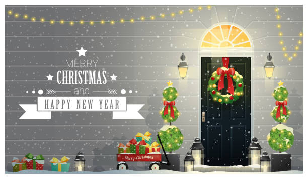 ilustraciones, imágenes clip art, dibujos animados e iconos de stock de feliz navidad y feliz año nuevo fondo con puerta decorada de navidad, vector, ilustración - christmas lights house