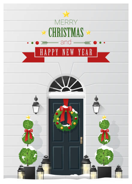 メリー クリスマスと新年あけましておめでとうございます背景装飾クリスマス玄関, ベクトル, イラスト - 玄関のドア点のイラスト素材／クリップアート素材／マンガ素材／アイコン素材
