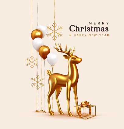 Merry Christmas and Happy New Year. Background with realistic festive helium balloons, hollow golden gift box with bow. Volume golden 3d deer. Xmas Metallic gold reindeer. Snowflakes hanging on ribbon