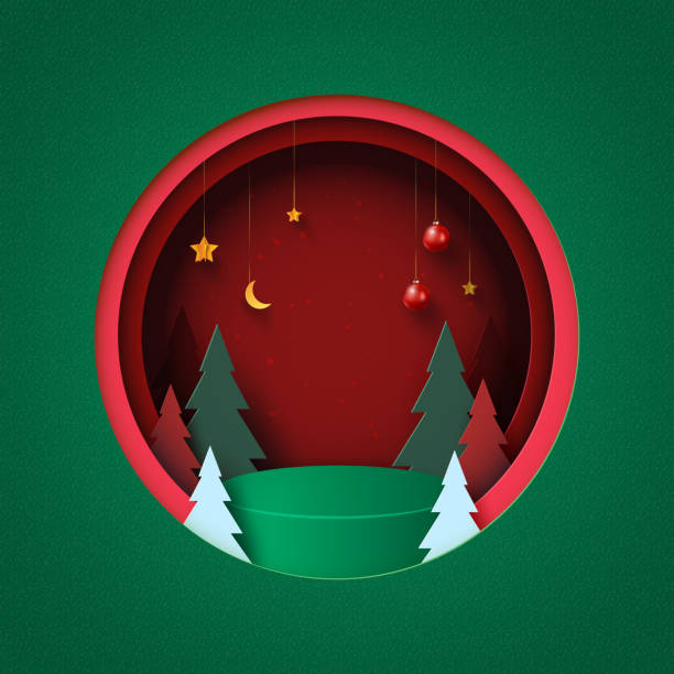 Merry Christmas and Happy new year background.Green podium in Red circle decorated with christmas tree,christmas ball and stars. Merry Christmas and Happy new year background.Green podium in Red circle decorated with christmas tree,christmas ball and stars.Paper art vector illustration. christmas ornament shape stock illustrations