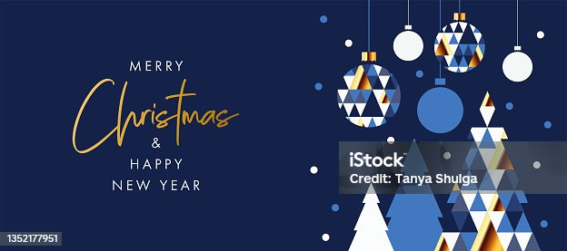 istock Merry Christmas and Happy New Year banner, greeting card, poster, holiday cover, header. Modern Xmas design in geometric style with triangle pattern 1352177951