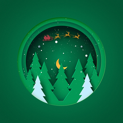 Merry Christmas and Happy new year concept.Winter landscape in green circle decorated with christmas tree,stars and santa claus.
