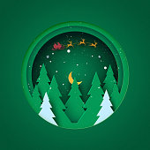 Merry Christmas and Happy new year concept.Winter landscape in green circle decorated with christmas tree,stars and santa claus.Paper art vector illustration.
