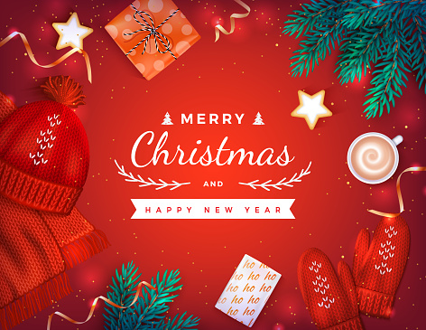 Merry Christmas and Happy New Year Greeting Background. Xmas card. Banner template. Christmas tree branches, gift box, coffee, red hat, scarf and mittens, cookies in the shape of stars.