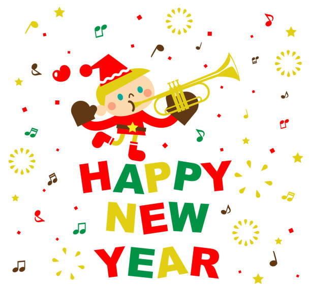 Merry Christmas and Happy New Year Greeting Card With Cute Boy Trumpet Player Cartoon Characters Design, Vector art illustration, Copy Space, New Simple Manga style, Green, Red, white, flat. chinese year of the dog stock illustrations
