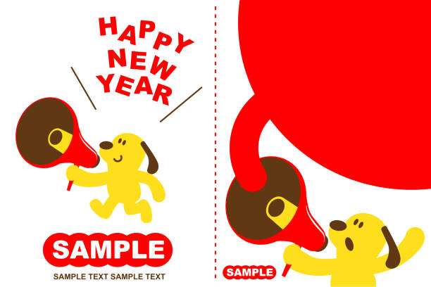 Merry Christmas and Happy New Year Greeting Card With Cute Dog Running And Talking Through A Megaphone Cartoon Characters Design, Vector art illustration, Copy Space, New Simple Manga style, Yellow, Red, White, flat. chinese year of the dog stock illustrations