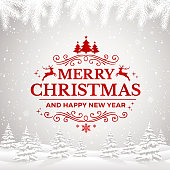 Merry Christmas and Happy New Year Greeting Card with winter landscape and snowflakes.