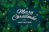 Merry Christmas and Happy New Year lettering with Christmas Tree Branches template, vector illustration.