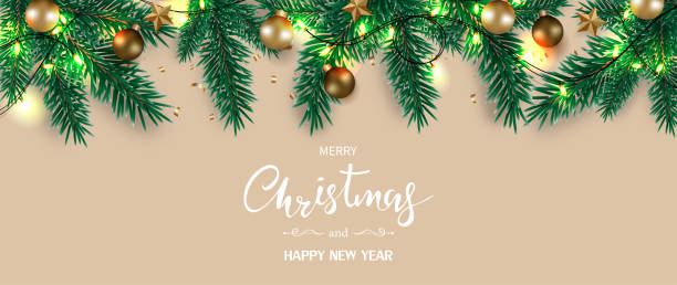 메리 크리스마스와 새해 복 많은 새해. 크리스마스 공, 별, 반짝이는 빛으로 장식 된 소나무 나뭇 가지. 벡터 그림입니다. - christmas table stock illustrations
