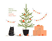 Greeting card with text Merry Christmas and Happy new year. Celebration holidays at home. Postcard with decorated Christmas tree, cat in garland, box with festive decor. Cartoon vector illustration
