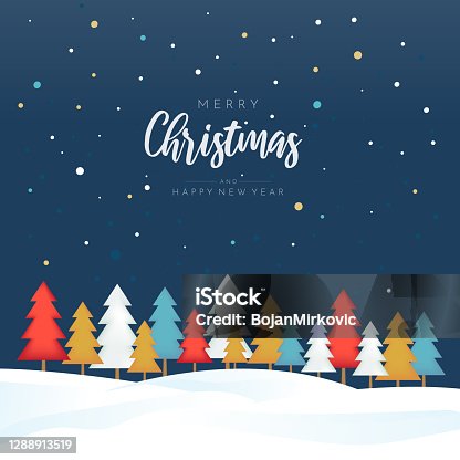 istock Merry Christmas and Happy New Year poster with colorful trees. Vector 1288913519