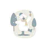 merry christmas and happy new year with cute white teddy polar bear in the winter season, flat vector illustration cartoon character costume design
