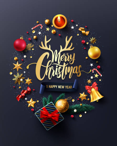 ilustrações de stock, clip art, desenhos animados e ícones de merry christmas and happy new years poster with gift box,ribbon and christmas decoration elements for retail,shopping or christmas promotion in golden style.vector illustration eps10 - christmas card