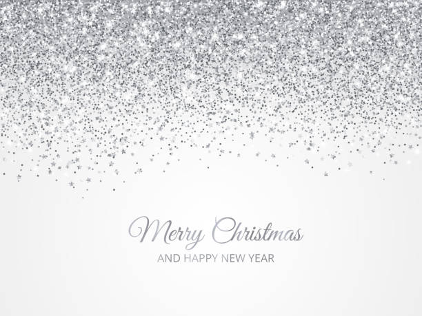 Merry Christmas and New Year background. Silver glitter decoration Merry Christmas and New Year background. Silver glitter decoration, falling dust texture. Shiny sparkling border, frame isolate on white. For Christmas holidays banners, party posters. silver colored stock illustrations