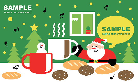 Merry Christmas and New Year Greeting Card, Coffee Time with Cute Santa Claus and Snowman