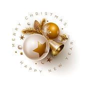 Merry Christmas and New Year greeting card design. Vector illustration. Elements are layered separately in vector file.