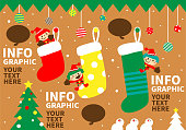 Merry Christmas Cartoon Characters Design Vector Art Illustration. 
Merry Christmas and New Year greeting from cute children wearing Santa Claus clothes; Bar Chart Infographic made of Christmas stocking.