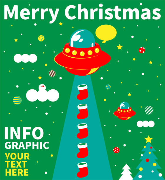 Merry Christmas Cartoon Characters Design Vector Art Illustration. 
Merry Christmas and New Year greeting from Ufo Alien invitation.