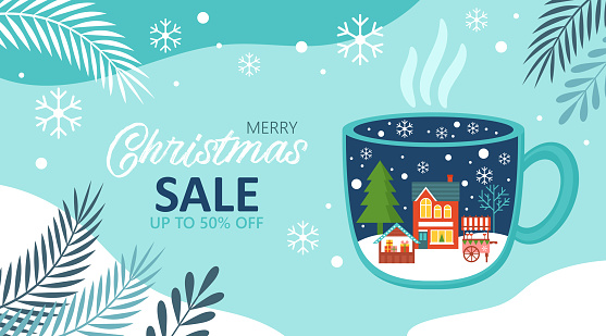 Merry Christmas background template for social media, banner or poster design. Country village landscape in coffee cup creative concept.